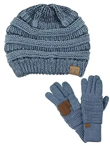 C.C Unisex Soft Stretch Cable Knit Beanie and Anti-Slip Touchscreen Gloves 2 Pc Set 