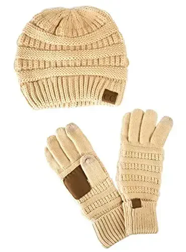 C.C Unisex Soft Stretch Cable Knit Beanie and Anti-Slip Touchscreen Gloves 2 Pc Set - 1