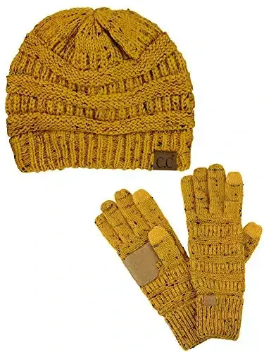 C.C Unisex Soft Stretch Cable Knit Beanie and Anti-Slip Touchscreen Gloves 2 Pc Set - C.C