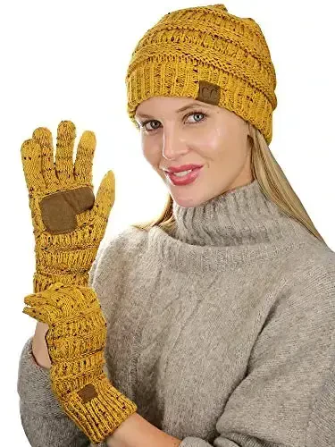 C.C Unisex Soft Stretch Cable Knit Beanie and Anti-Slip Touchscreen Gloves 2 Pc Set - 2