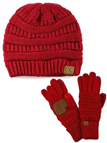 C.C Unisex Soft Stretch Cable Knit Beanie and Anti-Slip Touchscreen Gloves 2 Pc Set 