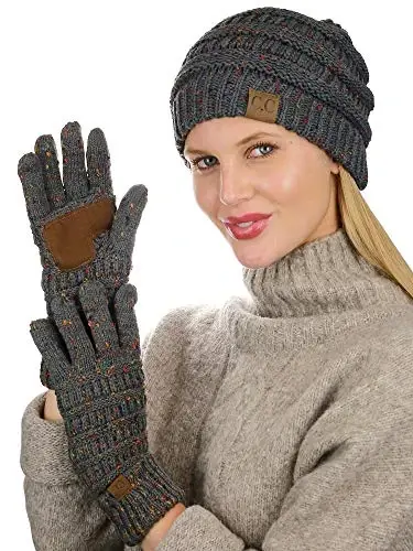 C.C Unisex Soft Stretch Cable Knit Beanie and Anti-Slip Touchscreen Gloves 2 Pc Set - C.C (1)
