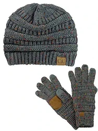 C.C Unisex Soft Stretch Cable Knit Beanie and Anti-Slip Touchscreen Gloves 2 Pc Set - 1