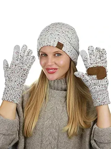 C.C Unisex Soft Stretch Cable Knit Beanie and Anti-Slip Touchscreen Gloves 2 Pc Set - C.C (1)
