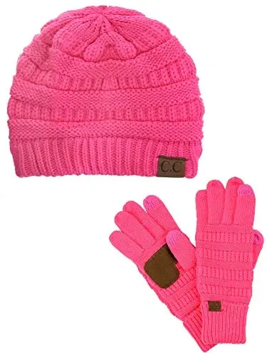 C.C Unisex Soft Stretch Cable Knit Beanie and Anti-Slip Touchscreen Gloves 2 Pc Set - MODAZONE