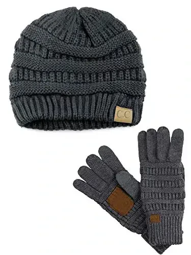 C.C Unisex Soft Stretch Cable Knit Beanie and Anti-Slip Touchscreen Gloves 2 Pc Set - 1