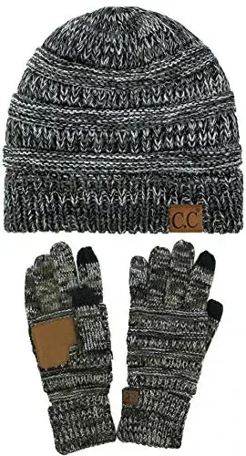 C.C Unisex Soft Stretch Cable Knit Beanie and Anti-Slip Touchscreen Gloves 2 Pc Set 