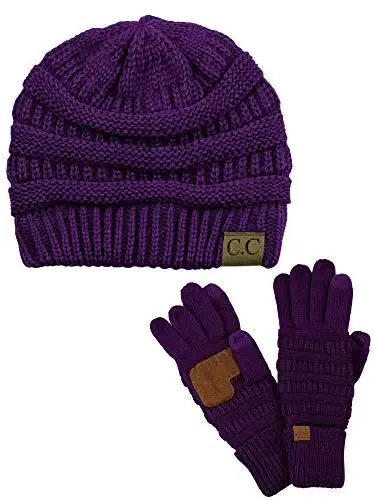 C.C Unisex Soft Stretch Cable Knit Beanie and Anti-Slip Touchscreen Gloves 2 Pc Set - 1