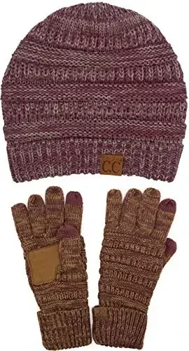 C.C Unisex Soft Stretch Cable Knit Beanie and Anti-Slip Touchscreen Gloves 2 Pc Set - 1
