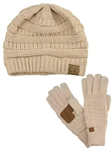 C.C Unisex Soft Stretch Cable Knit Beanie and Anti-Slip Touchscreen Gloves 2 Pc Set - 1