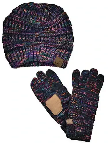 C.C Unisex Soft Stretch Cable Knit Beanie and Anti-Slip Touchscreen Gloves 2 Pc Set 