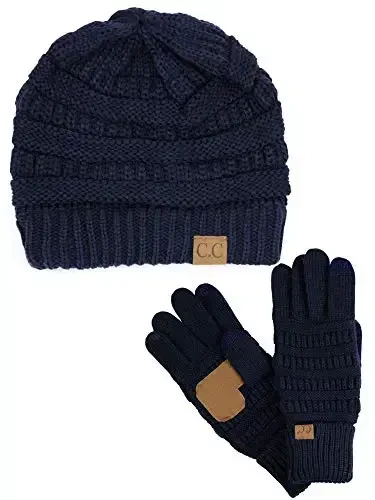 C.C Unisex Soft Stretch Cable Knit Beanie and Anti-Slip Touchscreen Gloves 2 Pc Set - MODAZONE