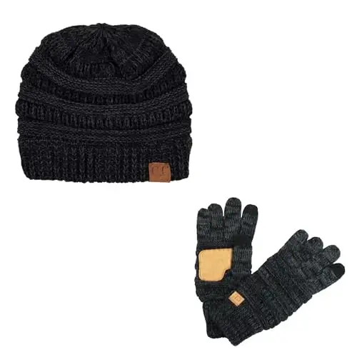C.C Unisex Soft Stretch Cable Knit Beanie and Anti-Slip Touchscreen Gloves 2 Pc Set - C.C