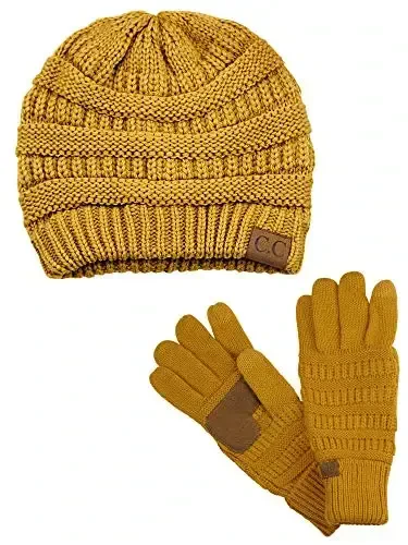 C.C Unisex Soft Stretch Cable Knit Beanie and Anti-Slip Touchscreen Gloves 2 Pc Set - C.C