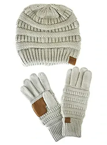 C.C Unisex Soft Stretch Cable Knit Beanie va Anti-Slip Touchscreen Gloves 2 Pc Set 