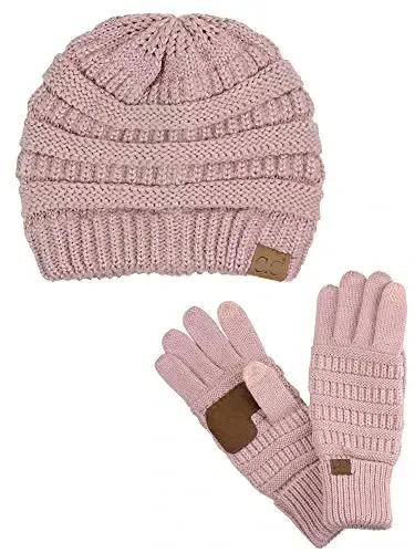 C.C Unisex Yumshoq Stretch Cable Knit Beanie va Anti-Slip Sensorli Ekranli Qo'lqoplar 2 dona to'plam - 1