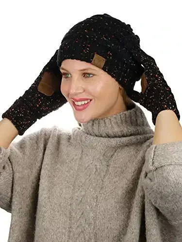 C.C Unisex Yumshoq Stretch Kabel Trikotaj Beanie va Anti-Slip Sensorli ekran Qo'lqoplar 2 dona to'plam - 3