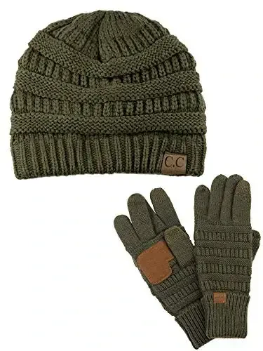 C.C Unisex Yumshoq Stretch Kabel Trikotaj Beanie va Sirpanishga qarshi Sensorli ekranli Qo'lqoplar 2 dona to'plam - 1