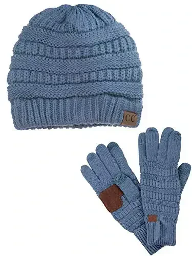 C.C Unisex Yumshoq Stretch Kabel Trikotaj Beanie va Sirpanishga qarshi sensorli ekranli qo'lqoplar 2 dona to'plam 