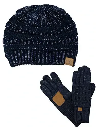 C.C Unisex Yumshoq Stretch Kabel Trikotaj Beanie va Sirpanishga qarshi Sensorli ekranli Qo'lqoplar 2 dona to'plam - C.C