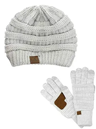 C.C Unisex Soft Stretch Cable Knit Beanie and Anti-Slip Touchscreen Gloves 2 Pc Set 