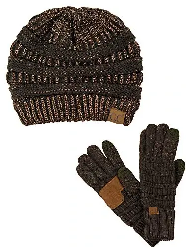 C.C Unisex Soft Stretch Cable Knit Beanie and Anti-Slip Touchscreen Gloves 2 Pc Set - 1