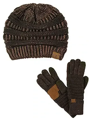 C.C Unisex Soft Stretch Cable Knit Beanie and Anti-Slip Touchscreen Gloves 2 Pc Set 