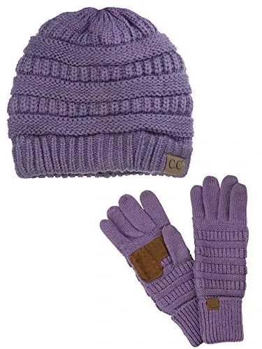 C.C Unisex Soft Stretch Cable Knit Beanie and Anti-Slip Touchscreen Gloves 2 Pc Set - C.C