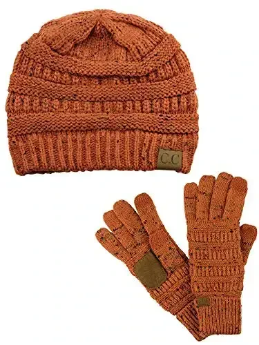 C.C Unisex Soft Stretch Cable Knit Beanie and Anti-Slip Touchscreen Gloves 2 Pc Set 