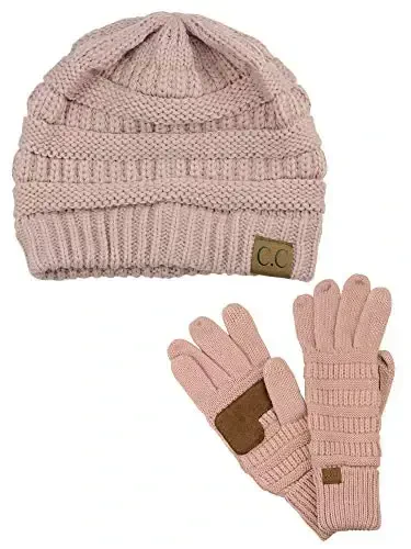 C.C Unisex Soft Stretch Cable Knit Beanie and Anti-Slip Touchscreen Gloves 2 Pc Set 