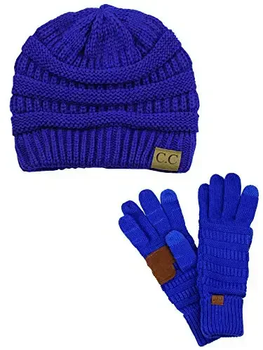 C.C Unisex Soft Stretch Cable Knit Beanie and Anti-Slip Touchscreen Gloves 2 Pc Set - 1