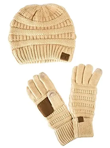 C.C Unisex Soft Stretch Cable Knit Beanie and Anti-Slip Touchscreen Gloves 2 Pc Set - 1