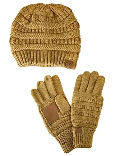 C.C Unisex Soft Stretch Cable Knit Beanie and Anti-Slip Touchscreen Gloves 2 Pc Set - C.C