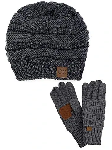 C.C Unisex Soft Stretch Cable Knit Beanie and Anti-Slip Touchscreen Gloves 2 Pc Set - 1
