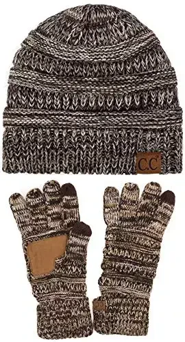 C.C Unisex Soft Stretch Cable Knit Beanie and Anti-Slip Touchscreen Gloves 2 Pc Set 