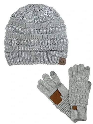 C.C Unisex Soft Stretch Cable Knit Beanie and Anti-Slip Touchscreen Gloves 2 Pc Set - C.C