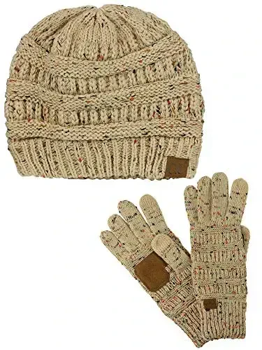 C.C Unisex Soft Stretch Cable Knit Beanie and Anti-Slip Touchscreen Gloves 2 Pc Set 