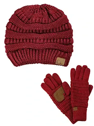 C.C Unisex Soft Stretch Cable Knit Beanie and Anti-Slip Touchscreen Gloves 2 Pc Set - 1