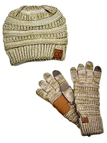 C.C Unisex Soft Stretch Cable Knit Beanie and Anti-Slip Touchscreen Gloves 2 Pc Set 