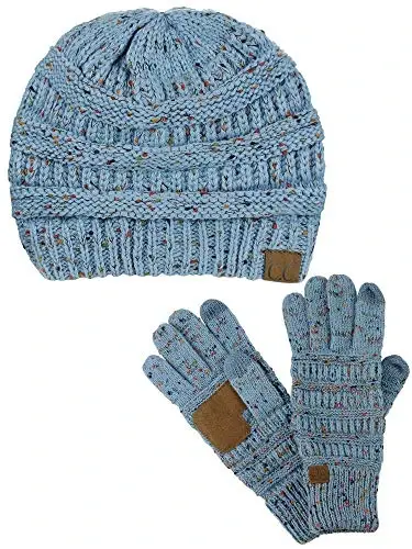 C.C Unisex Soft Stretch Cable Knit Beanie and Anti-Slip Touchscreen Gloves 2 Pc Set - C.C