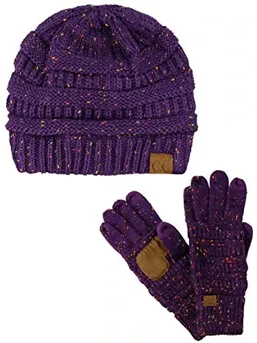 C.C Unisex Soft Stretch Cable Knit Beanie and Anti-Slip Touchscreen Gloves 2 Pc Set - 1