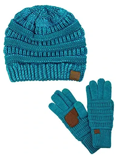 C.C Unisex Soft Stretch Cable Knit Beanie and Anti-Slip Touchscreen Gloves 2 Pc Set - C.C