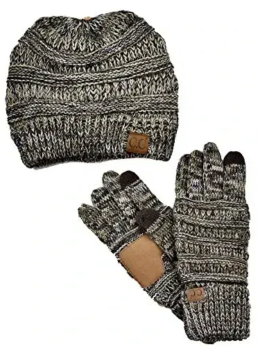 C.C Unisex Soft Stretch Cable Knit Beanie and Anti-Slip Touchscreen Gloves 2 Pc Set - 1
