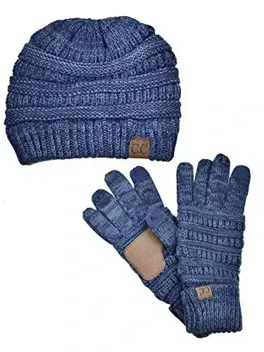 C.C Unisex Soft Stretch Cable Knit Beanie and Anti-Slip Touchscreen Gloves 2 Pc Set 