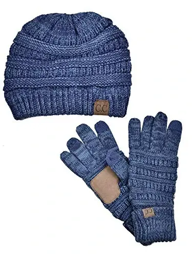 C.C Unisex Soft Stretch Cable Knit Beanie and Anti-Slip Touchscreen Gloves 2 Pc Set - 1