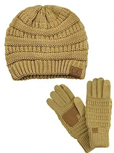 C.C Unisex Soft Stretch Cable Knit Beanie and Anti-Slip Touchscreen Gloves 2 Pc Set - 1