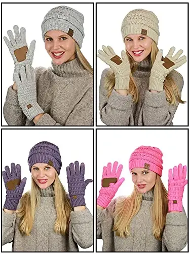 C.C. Unisex Soft Stretch Cable Knit Beanie and Anti-Slip Touchscreen Gloves 2 Pc Set - 2