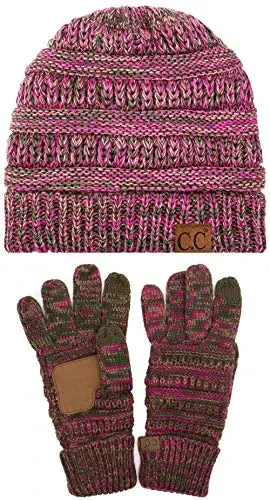 C.C Unisex Soft Stretch Cable Knit Beanie and Anti-Slip Touchscreen Gloves 2 Pc Set - 1