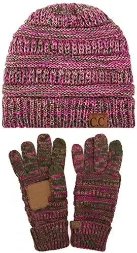 C.C Unisex Soft Stretch Cable Knit Beanie and Anti-Slip Touchscreen Gloves 2 Pc Set 