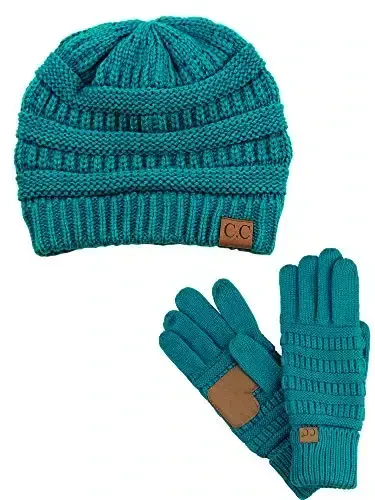 C.C Unisex Soft Stretch Cable Knit Beanie and Anti-Slip Touchscreen Gloves 2 Pc Set 